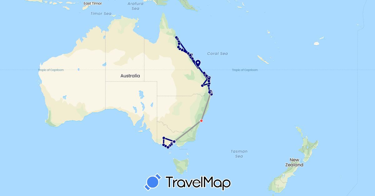 TravelMap itinerary: driving, plane, hiking in Australia (Oceania)
